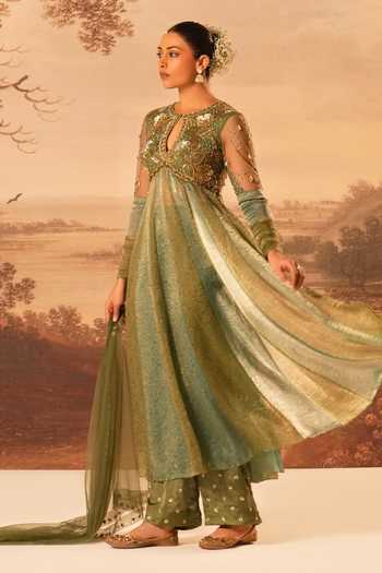 Kiran Kalsi_Blue Silk, Jacquard Keyhole Neck Hand Embroidered Anarkali Set _at_Aza_Fashions