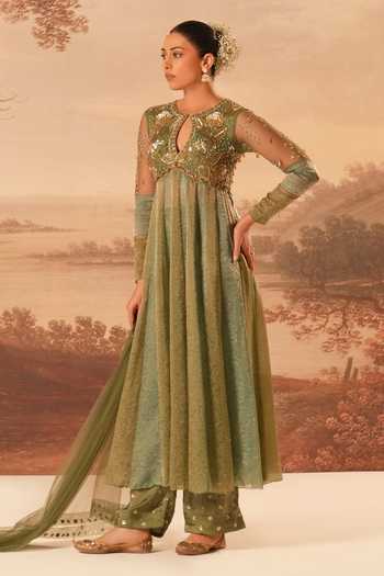 Buy_Kiran Kalsi_Blue Silk, Jacquard Keyhole Neck Hand Embroidered Anarkali Set _at_Aza_Fashions
