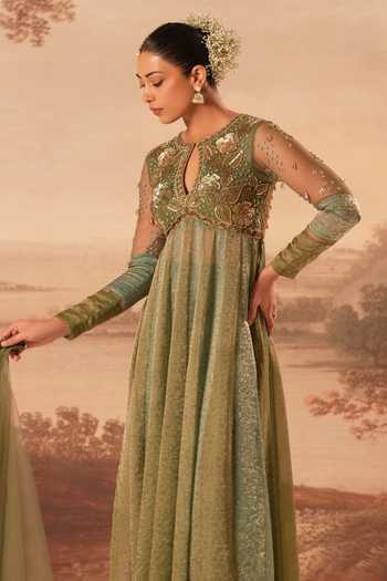 Shop_Kiran Kalsi_Blue Silk, Jacquard Keyhole Neck Hand Embroidered Anarkali Set 