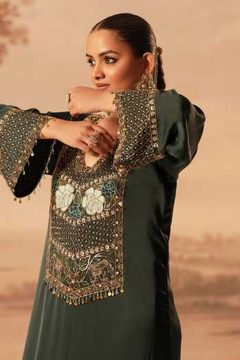 Kiran Kalsi_Green Satin V-neck Hand Embroidered Kaftan _Online_at_Aza_Fashions