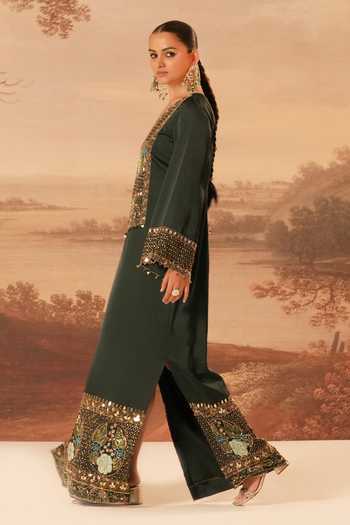 Buy_Kiran Kalsi_Green Satin V-neck Hand Embroidered Kaftan _Online_at_Aza_Fashions