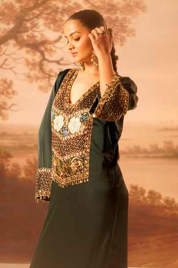 Shop_Kiran Kalsi_Green Satin V-neck Hand Embroidered Kaftan _Online_at_Aza_Fashions