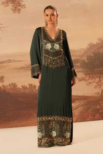 Kiran Kalsi_Green Satin V-neck Hand Embroidered Kaftan _at_Aza_Fashions