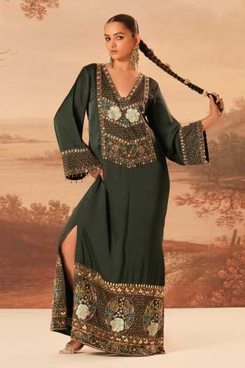 Buy_Kiran Kalsi_Green Satin V-neck Hand Embroidered Kaftan _at_Aza_Fashions