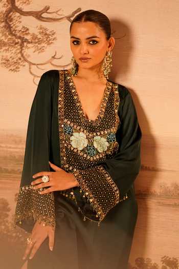 Kiran Kalsi_Green Satin V-neck Hand Embroidered Kaftan _Online