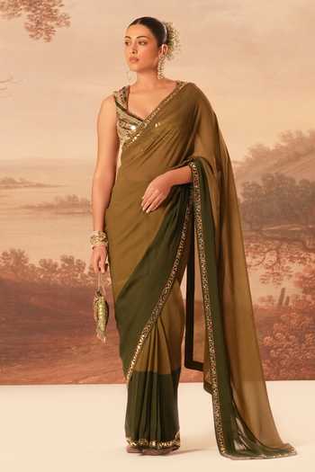Buy_Kiran Kalsi_Olive Green Georgette Tonal Color Block Saree And Blouse Set _at_Aza_Fashions