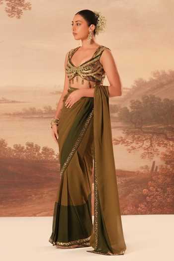 Kiran Kalsi_Olive Green Georgette Tonal Color Block Saree And Blouse Set _Online_at_Aza_Fashions