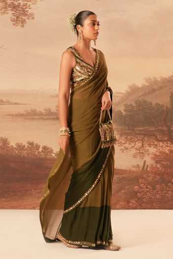 Buy_Kiran Kalsi_Olive Green Georgette Tonal Color Block Saree And Blouse Set _Online_at_Aza_Fashions