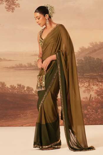 Shop_Kiran Kalsi_Olive Green Georgette Tonal Color Block Saree And Blouse Set _Online_at_Aza_Fashions