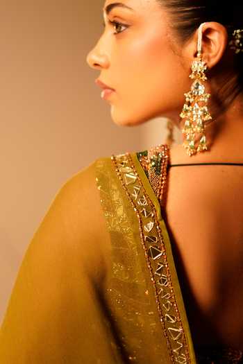 Kiran Kalsi_Olive Green Georgette Tonal Color Block Saree And Blouse Set _at_Aza_Fashions