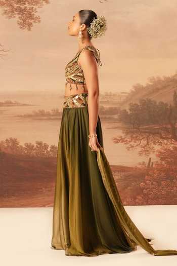 Kiran Kalsi_Olive Green Organza, Satin Sweetheart Neck Hand Embroidered Lehenga Set _Online_at_Aza_Fashions