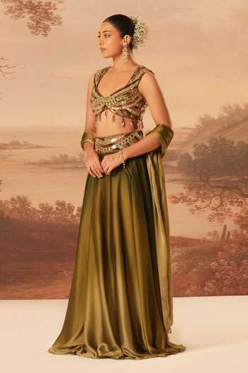 Buy_Kiran Kalsi_Olive Green Organza, Satin Sweetheart Neck Hand Embroidered Lehenga Set _Online_at_Aza_Fashions