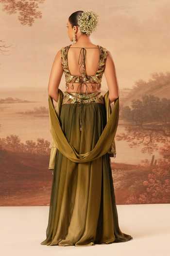 Shop_Kiran Kalsi_Olive Green Organza, Satin Sweetheart Neck Hand Embroidered Lehenga Set _at_Aza_Fashions