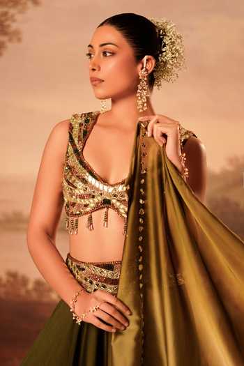 Shop_Kiran Kalsi_Olive Green Organza, Satin Sweetheart Neck Hand Embroidered Lehenga Set _Online_at_Aza_Fashions