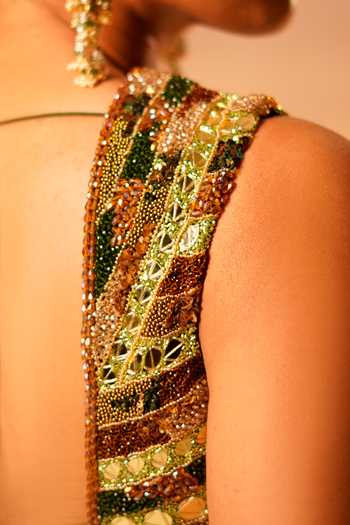 Kiran Kalsi_Olive Green Organza, Satin Sweetheart Neck Hand Embroidered Lehenga Set _at_Aza_Fashions