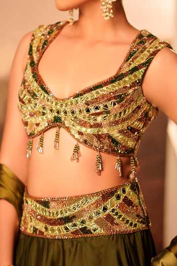 Buy_Kiran Kalsi_Olive Green Organza, Satin Sweetheart Neck Hand Embroidered Lehenga Set 