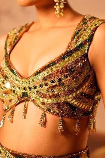 Shop_Kiran Kalsi_Olive Green Organza, Satin Sweetheart Neck Hand Embroidered Lehenga Set 