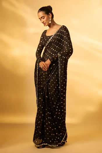 Buy_Vana Ethnics_Black Chinon, Crepe Scoop Neck Mirror Embroidered Pre-draped Saree With Blouse _at_Aza_Fashions