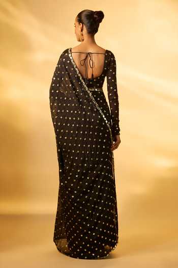 Shop_Vana Ethnics_Black Chinon, Crepe Scoop Neck Mirror Embroidered Pre-draped Saree With Blouse _at_Aza_Fashions