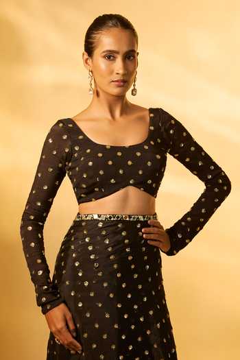 Vana Ethnics_Black Chinon, Crepe Scoop Neck Mirror Embroidered Pre-draped Saree With Blouse _Online_at_Aza_Fashions