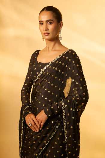 Buy_Vana Ethnics_Black Chinon, Crepe Scoop Neck Mirror Embroidered Pre-draped Saree With Blouse _Online_at_Aza_Fashions