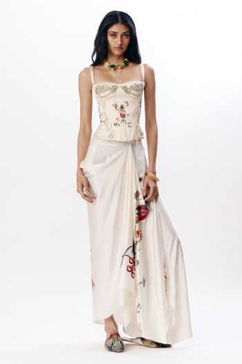 Buy_AK-OK_Multi Color Silk Embroidery Structured Corset And Printed Draped Skirt Set _at_Aza_Fashions