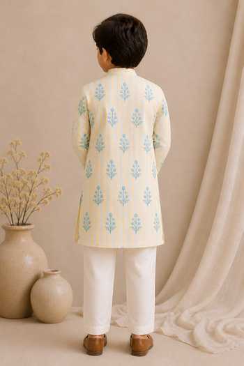 Shop_MI Dulce AN'YA_Yellow Cotton, Chanderi Printed Kurta And Pyjama Set _at_Aza_Fashions