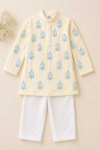 MI Dulce AN'YA_Yellow Cotton, Chanderi Printed Kurta And Pyjama Set _Online_at_Aza_Fashions