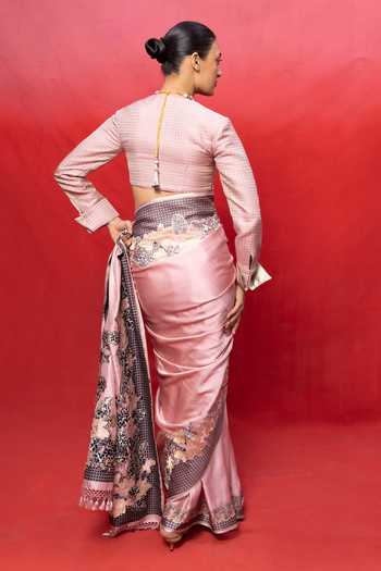 Shop_Ekaya Banaras_Pink Satin Handwoven Banarasi Silk Saree And Running Blouse _at_Aza_Fashions