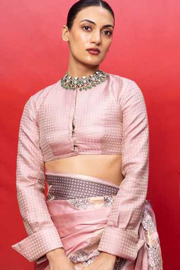 Ekaya Banaras_Pink Satin Handwoven Banarasi Silk Saree And Running Blouse _Online_at_Aza_Fashions