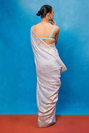 Shop_Ekaya Banaras_Sky Blue Chiffon Handwoven Embossed Saree With Running Blouse _at_Aza_Fashions