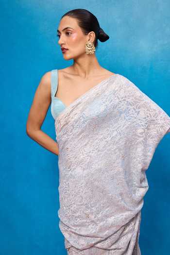 Buy_Ekaya Banaras_Sky Blue Chiffon Handwoven Embossed Saree With Running Blouse _Online_at_Aza_Fashions