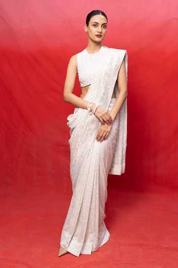 Buy_Ekaya Banaras_Off White Chiffon Handwoven Embossed Saree With Running Blouse _at_Aza_Fashions