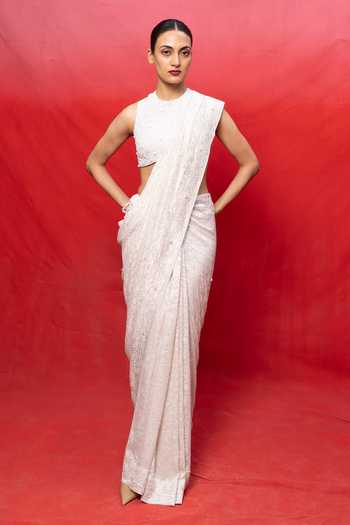 Buy_Ekaya Banaras_Off White Chiffon Handwoven Embossed Saree With Running Blouse _Online_at_Aza_Fashions