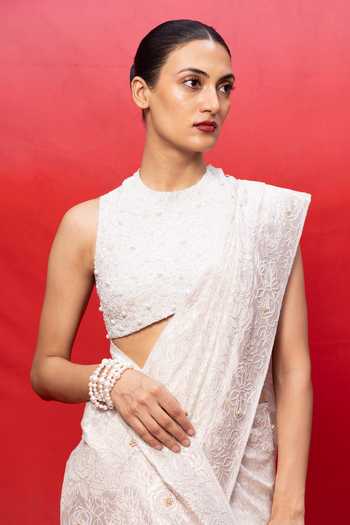 Ekaya Banaras_Off White Chiffon Handwoven Embossed Saree With Running Blouse _at_Aza_Fashions