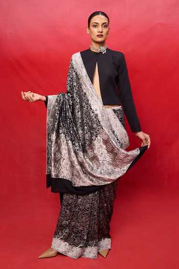 Buy_Ekaya Banaras_Black Chiffon Handwoven Embossed Saree And Running Blouse _at_Aza_Fashions