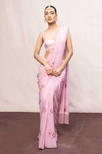 Buy_Ekaya Banaras_Pink Chiffon Handwoven Banarasi Saree With Running Blouse _at_Aza_Fashions