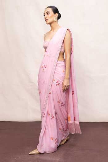 Buy_Ekaya Banaras_Pink Chiffon Handwoven Banarasi Saree With Running Blouse _Online_at_Aza_Fashions