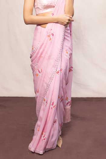 Shop_Ekaya Banaras_Pink Chiffon Handwoven Banarasi Saree With Running Blouse _Online_at_Aza_Fashions