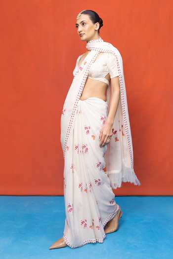 Ekaya Banaras_Ivory Chiffon Handwoven Banarasi Saree With Running Blouse _Online_at_Aza_Fashions