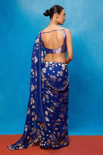 Shop_Ekaya Banaras_Blue Chiffon Handwoven Banarasi Saree With Running Blouse _at_Aza_Fashions
