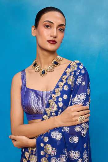 Ekaya Banaras_Blue Chiffon Handwoven Banarasi Saree With Running Blouse _Online_at_Aza_Fashions