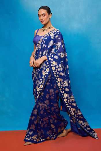 Buy_Ekaya Banaras_Blue Chiffon Handwoven Banarasi Saree With Running Blouse _Online_at_Aza_Fashions