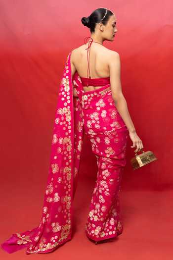 Shop_Ekaya Banaras_Fuchsia Chiffon Handwoven Banarasi Saree With Running Blouse _at_Aza_Fashions