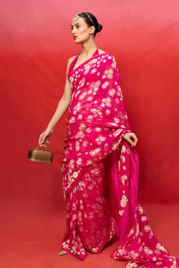 Ekaya Banaras_Fuchsia Chiffon Handwoven Banarasi Saree With Running Blouse _Online_at_Aza_Fashions