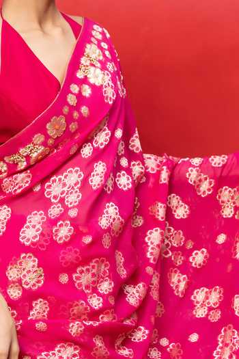 Buy_Ekaya Banaras_Fuchsia Chiffon Handwoven Banarasi Saree With Running Blouse _Online_at_Aza_Fashions