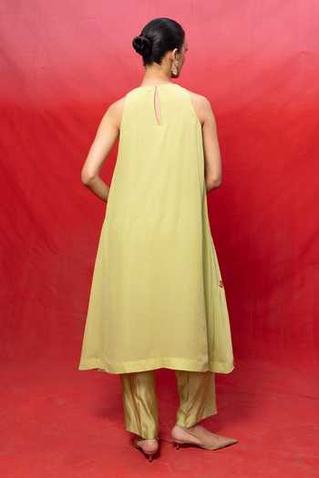 Shop_Ekaya Banaras_Green Georgette High Neck Handwoven Embroidered Kurta And Pant Set _at_Aza_Fashions