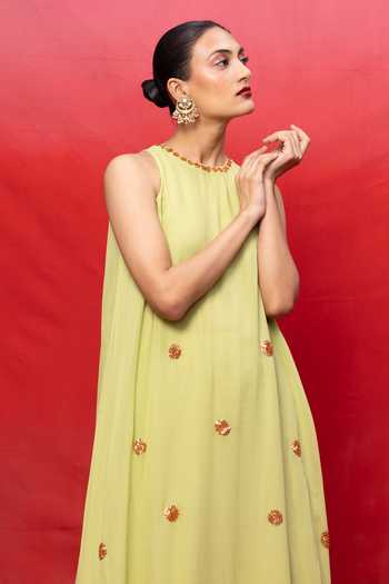 Buy_Ekaya Banaras_Green Georgette High Neck Handwoven Embroidered Kurta And Pant Set _Online_at_Aza_Fashions