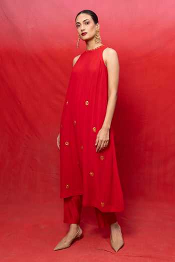 Ekaya Banaras_Red Georgette Halter Neck Embroidered Kurta And Pant Set _Online_at_Aza_Fashions