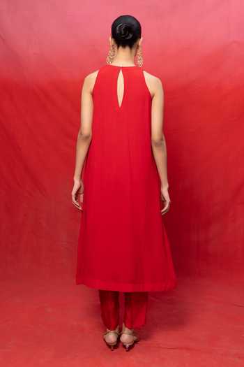 Shop_Ekaya Banaras_Red Georgette Halter Neck Embroidered Kurta And Pant Set _at_Aza_Fashions